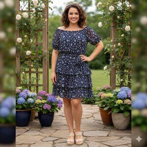 Lauren Ralph Lauren navy blue & white floral tiered ruffle short sleeve dress 18